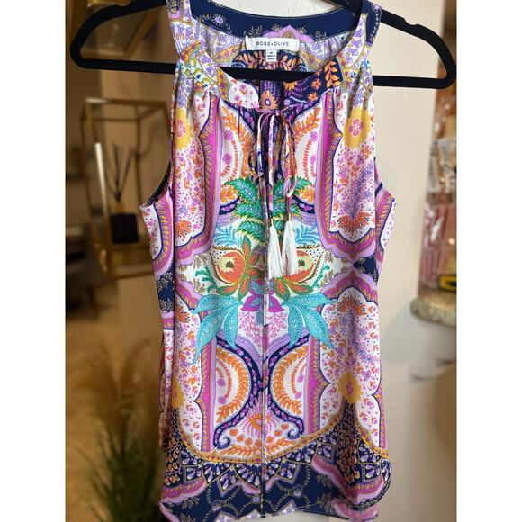 Rose + Olive Abstract Colorful Tassle Ties Sleeveless V-Neck Artsy Top M 6-10 - Picture 1 of 3
